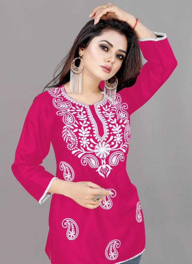 Rayon Pink Casual Wear Embroidery Work Readymade Kurti